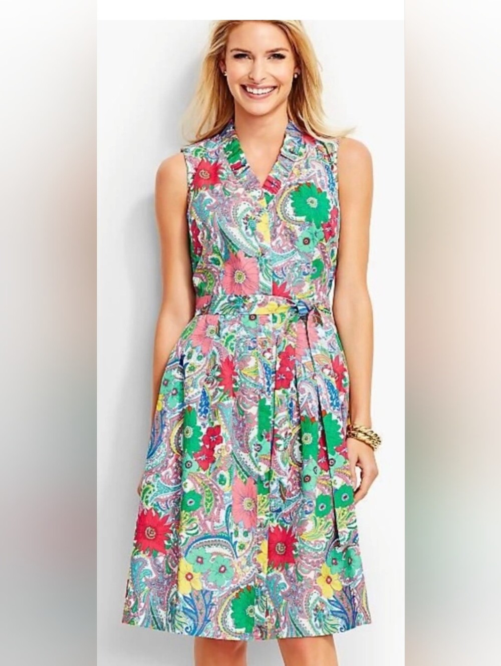 Talbots Coral, Green and Yellow Floral Paisley Sleeveless Shirt Dress